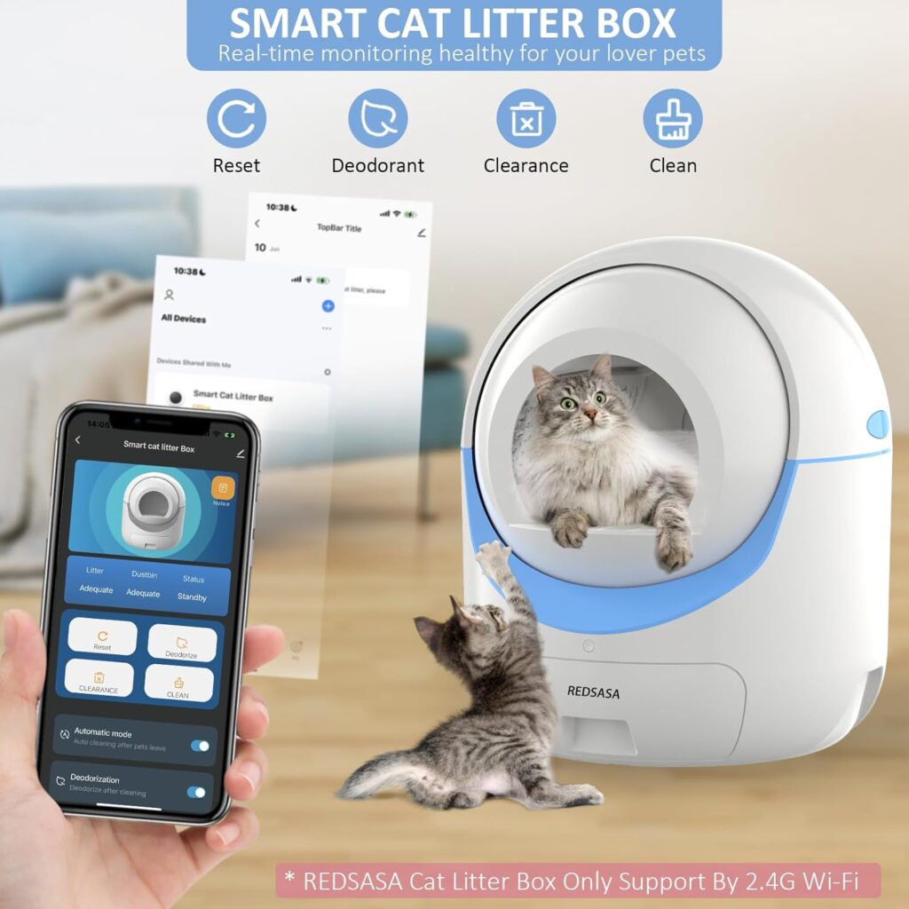 REDSASA Self-Cleaning Cat Litter Box, Automatic Cat Litter Box for Multi Cats, Smart Safety Protection Cat Litter Box, Large Capacity Litter Cat Box with Trash Bag Roll, Odor Isolation/APP Control