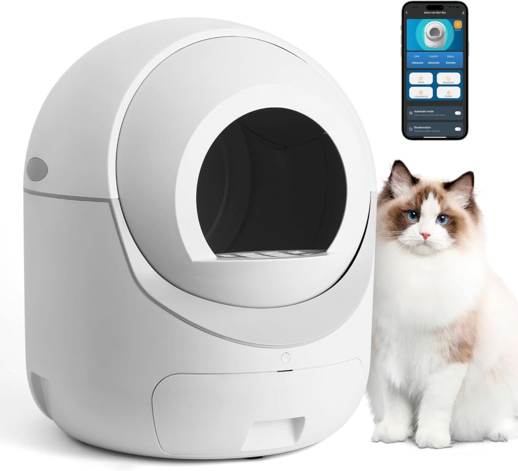 Self Cleaning Cat Litter Box - Anti-Pinch/Odor-Removal Design Automatic Cat Litter Box, Extra Large for Multiple Cats, All Litter Can Use, Easy Clean, with Garbage Bags/Mats, Smart App Control