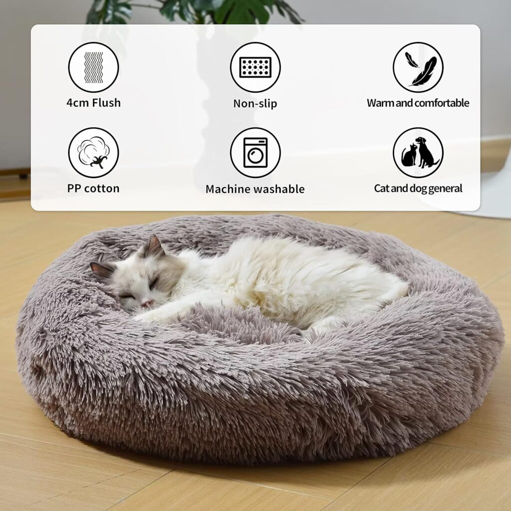 Aalklia Cat Bed Calming Soft Indoor,Washable,Anti-Slip Bottom,Cozy Plush Anti-Anxiety Fluffy Cuddler,20,White