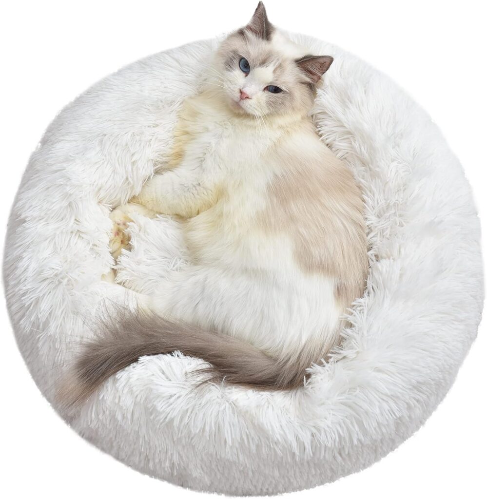 Aalklia Cat Bed Calming Soft Indoor,Washable,Anti-Slip Bottom,Cozy Plush Anti-Anxiety Fluffy Cuddler,20,White