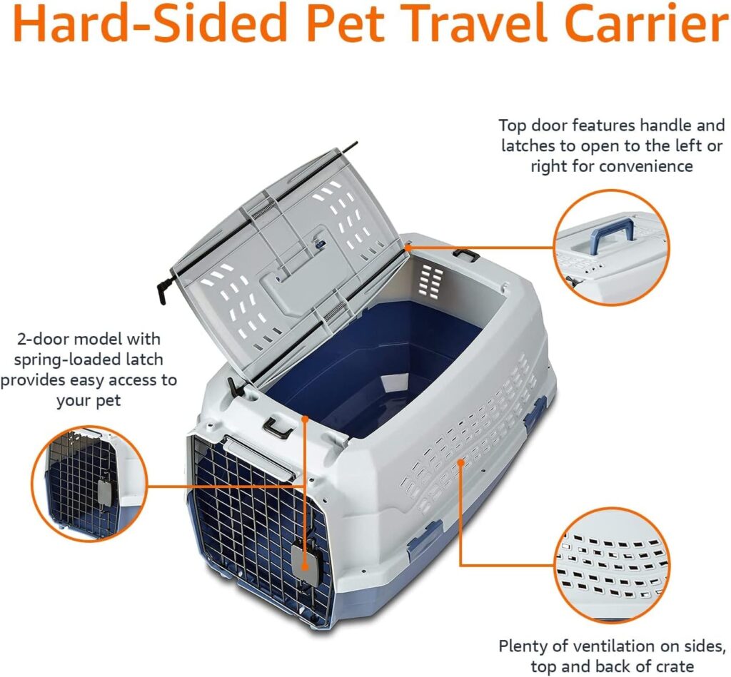 Amazon Basics - 2-Door Top-Load Hard-Sided Dogs, Cats Pet Travel Carrier, 23-Inch, Gray  Blue