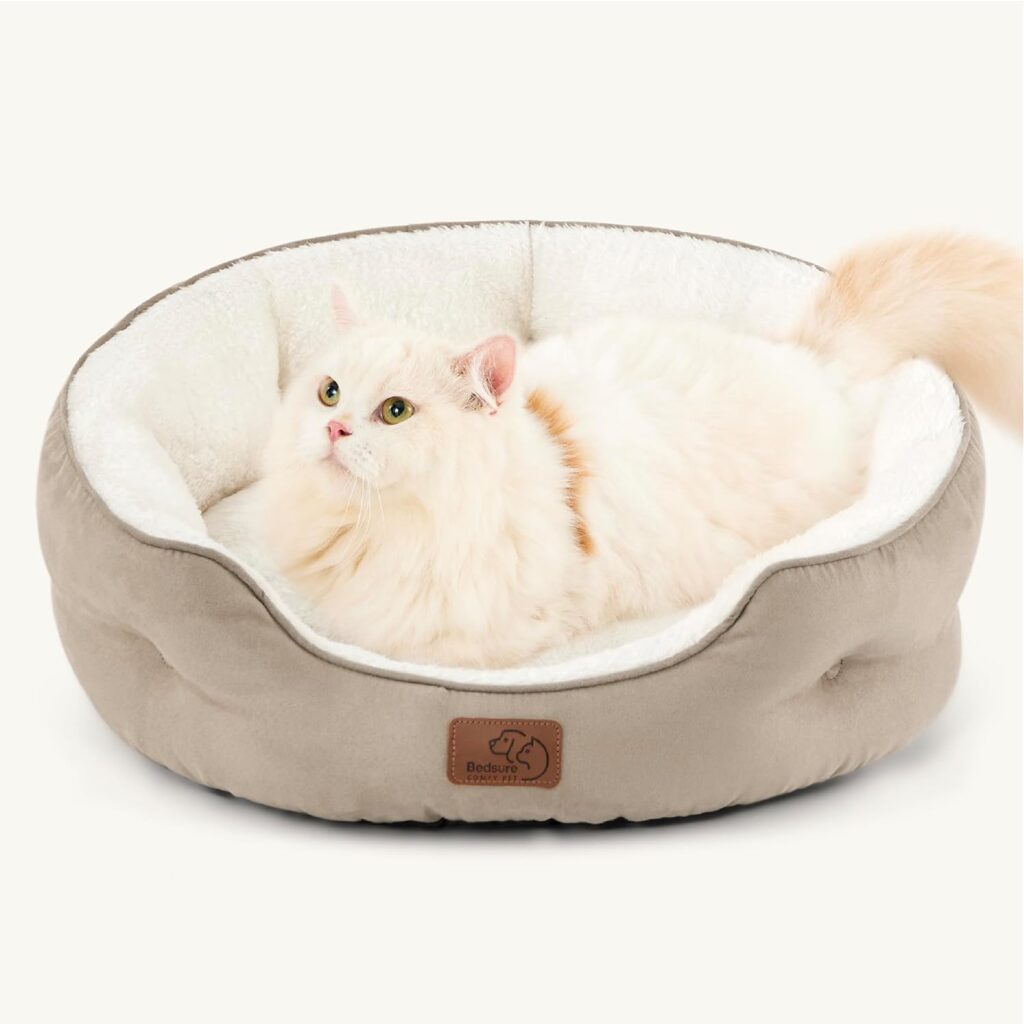 Bedsure Dog Beds for Small Dogs - Round Cat Beds for Indoor Cats, Washable Pet Bed for Puppy and Kitten with Slip-Resistant Bottom, 20 Inches, Taupe