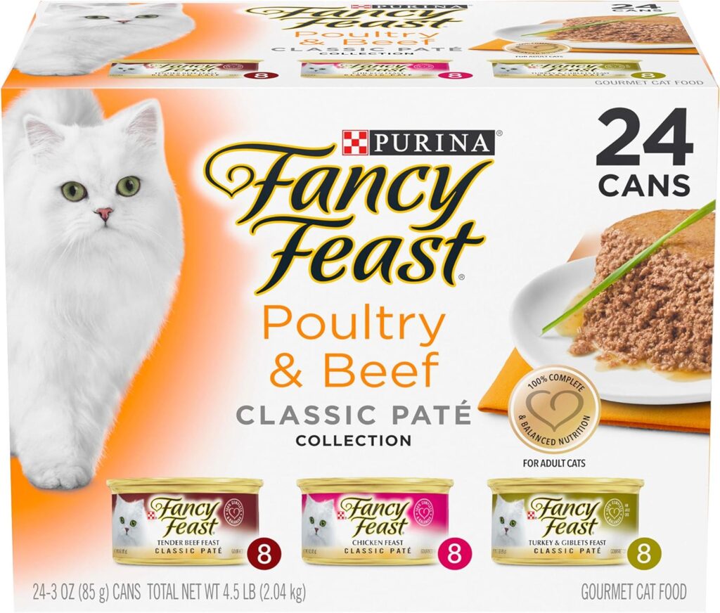 Purina Fancy Feast Grain Free Pate Wet Cat Food Variety Pack, Poultry  Beef Collection - (24) 3 oz. Cans